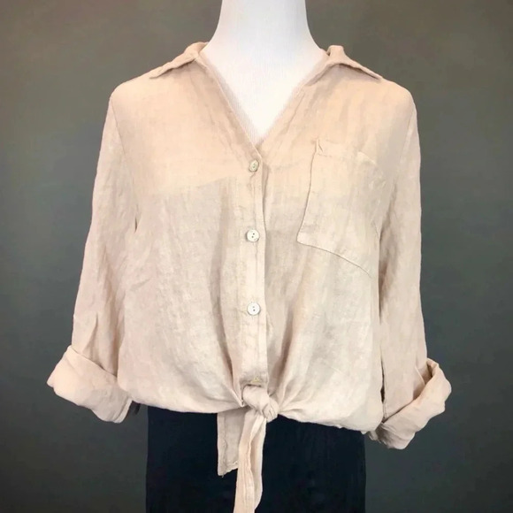Tops - 100% Linen tie waist button up blouse, sequined pocket w/ roll up sleeve